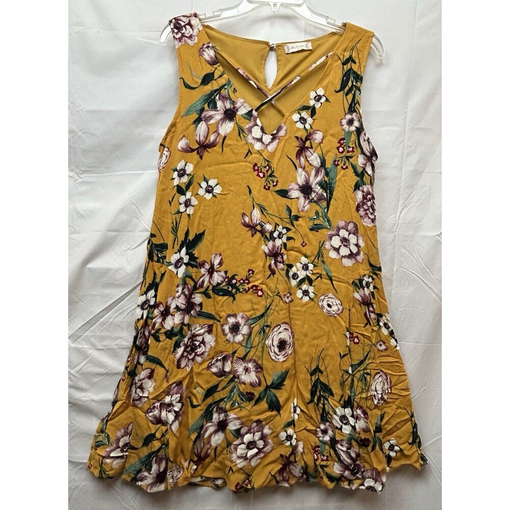 Altar’d State Dress Womens M Mustard Floral Sleeveless Boho Swing Criss Cross